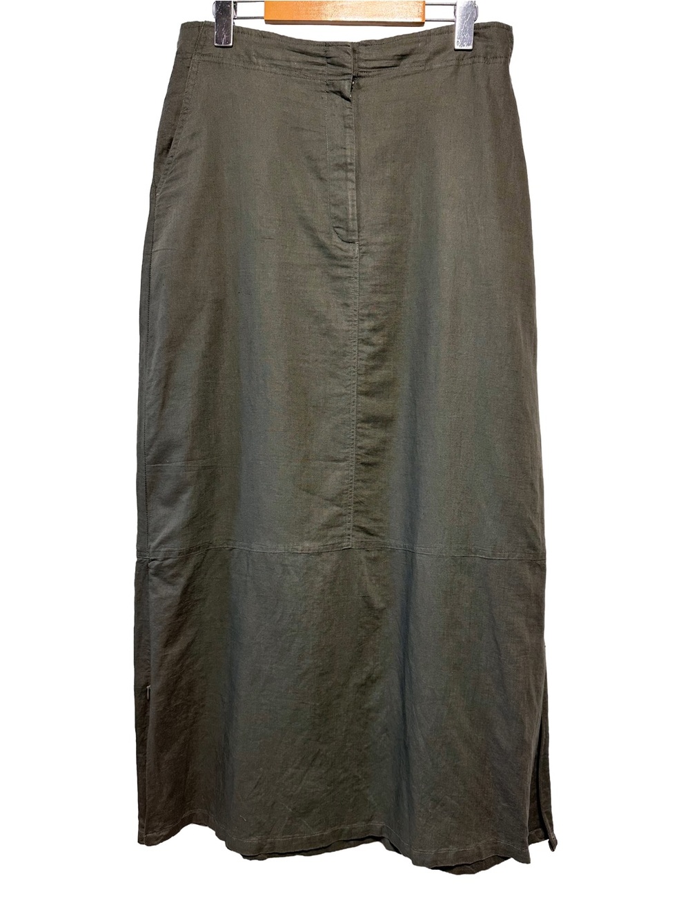 Y2K EASYWEAR Olive Linen Cotton Maxi Skirt Utility Lagenlook Minimalist